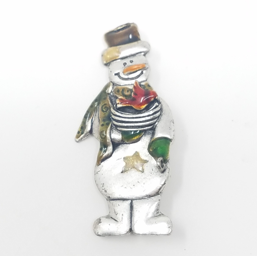 Vintage TC‎ brooch Snowman silver tone enamel